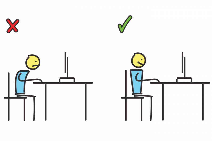 Illustration of right and wrong ways to sit at a desk