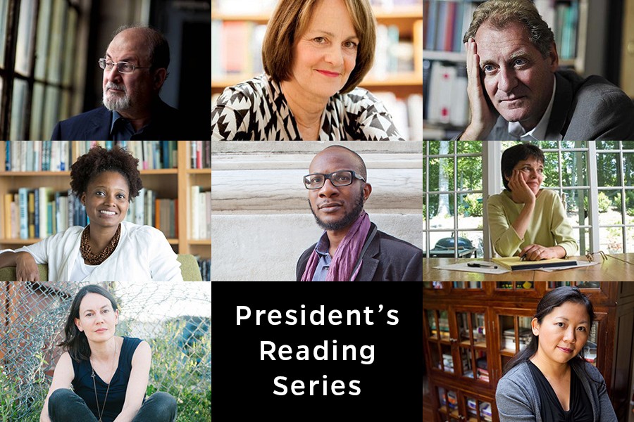 Authors include: (top row, from left) Salman Rushdie, Mary Jo Salter, Andrew Motion; (center row, from left) Tracy K. Smith, Teju Cole, Alice McDermott; (bottom row, from left) Katharine Noel, and Yiyun Li