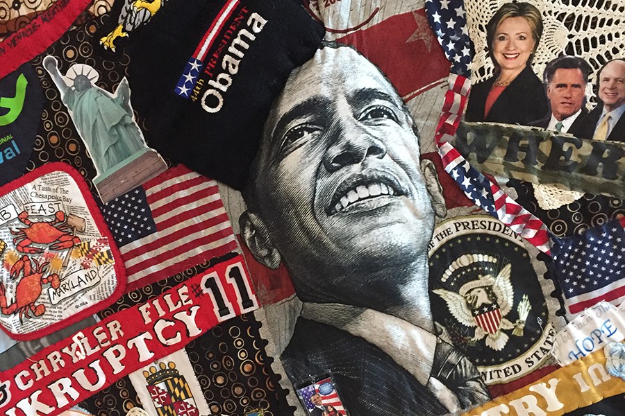 A political quilt of newspaper clippings from Obama's election