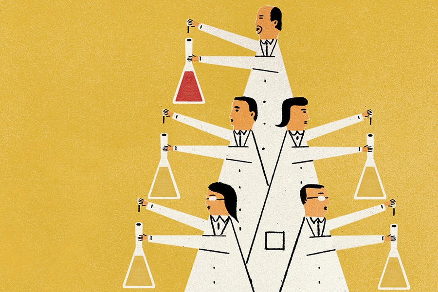 Illustration shows a pyramid of scientists dropping fluid into a beaker; the scientist at the top of the pyramid is dropping something red in