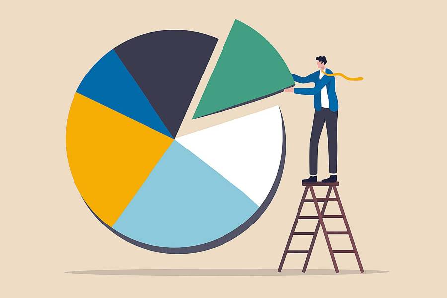 Illustration of man on ladder holding one wedge of an abstract pie with six colors representing various investments