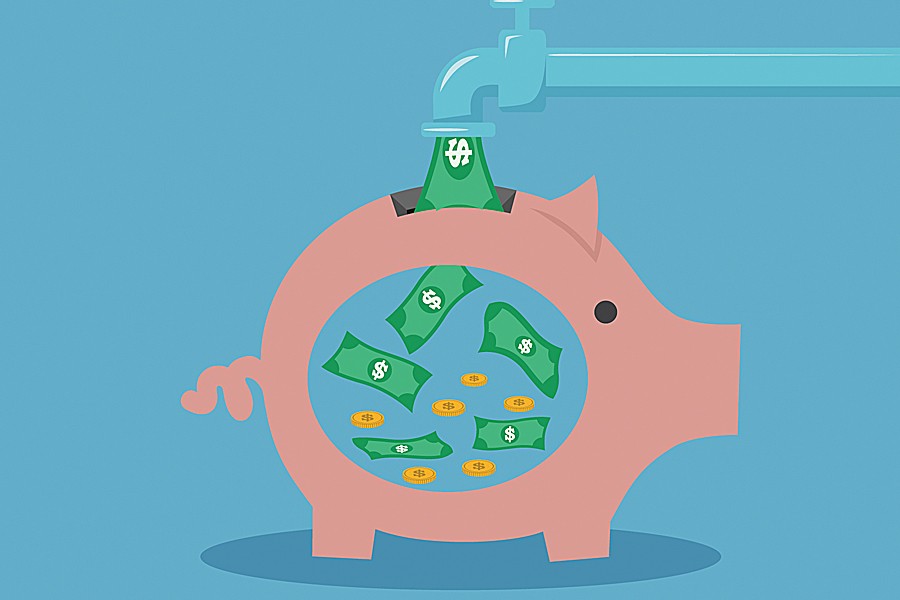Illustration shows money flowing out of a faucet and into a piggy bank