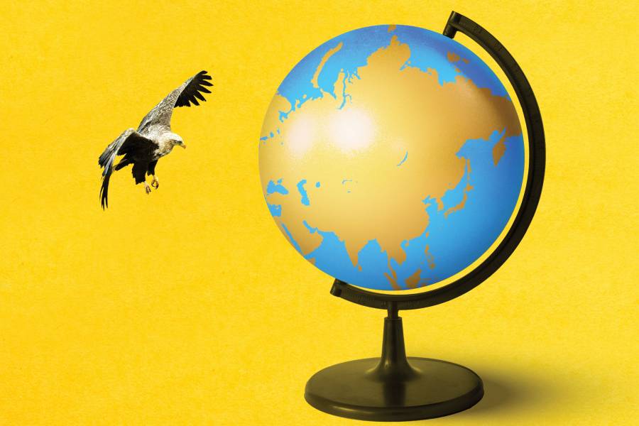 An eagle flying near a globe