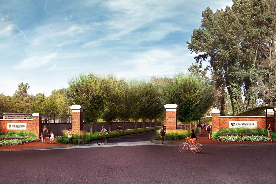 Rendering of brick gateway to a tree-lined road
