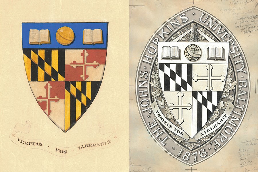 Side-by-side drawings of the university seal show the motto
