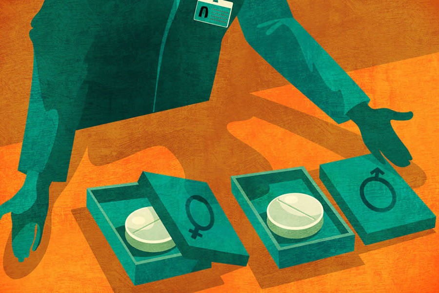 Illustration features a person in a lab coat offering two pills, one in a box with the female symbol and one in a box with the male symbol