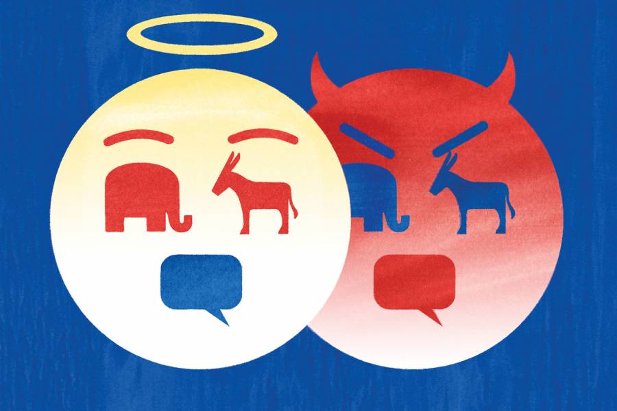 Illustration of an angel and a devil made of icons: a donkey, an elephant, and a dialog box