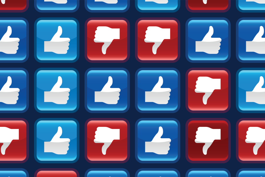 Social media thumbs up and thumbs down icons in red, white, and blue
