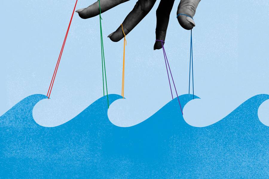 illustration depicting puppet strings pulling on ocean waves