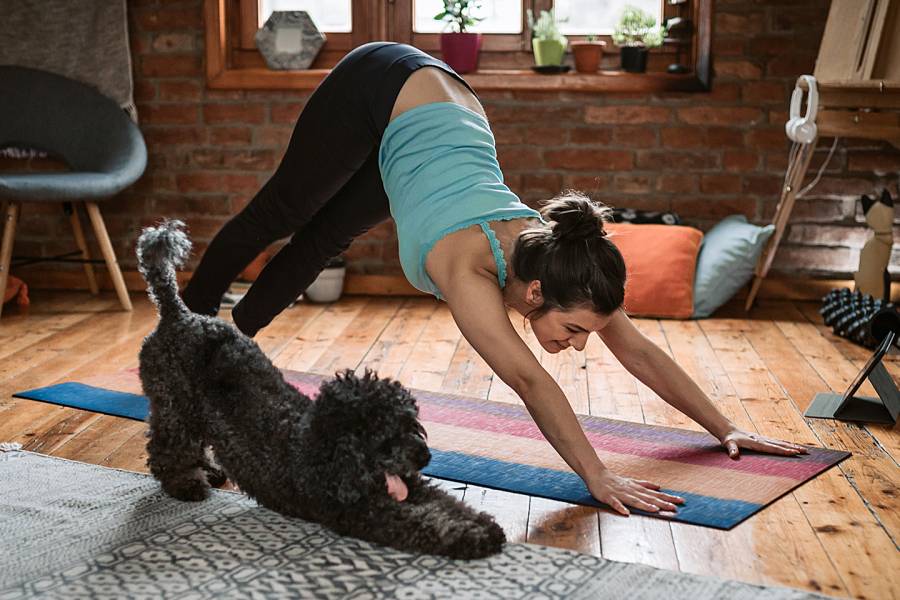 Woman and her dog doing yoga