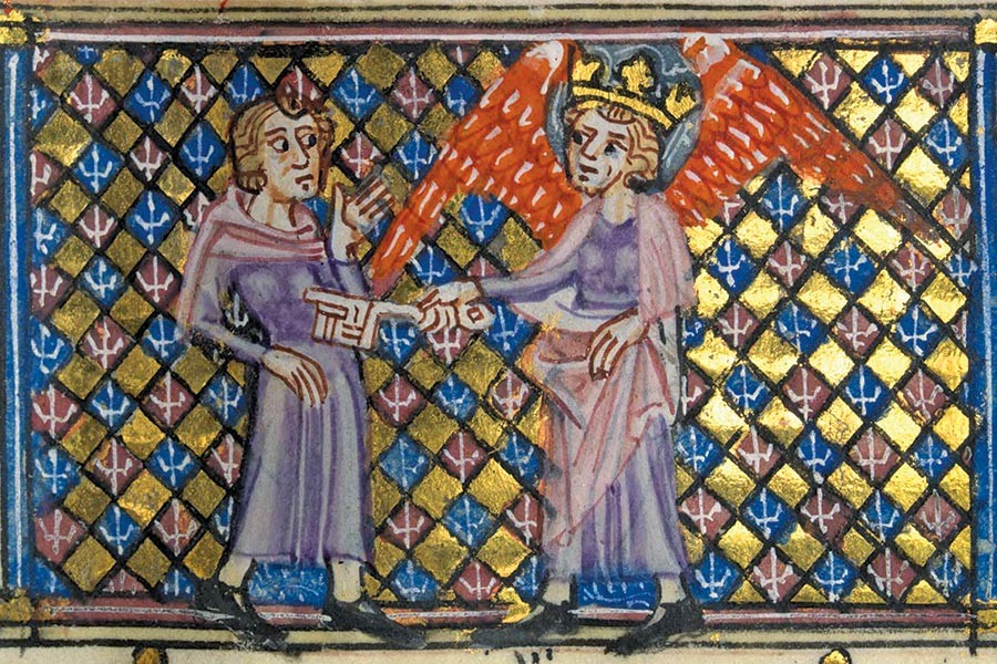 illuminated manuscript shows a king poking someone else with a giant key