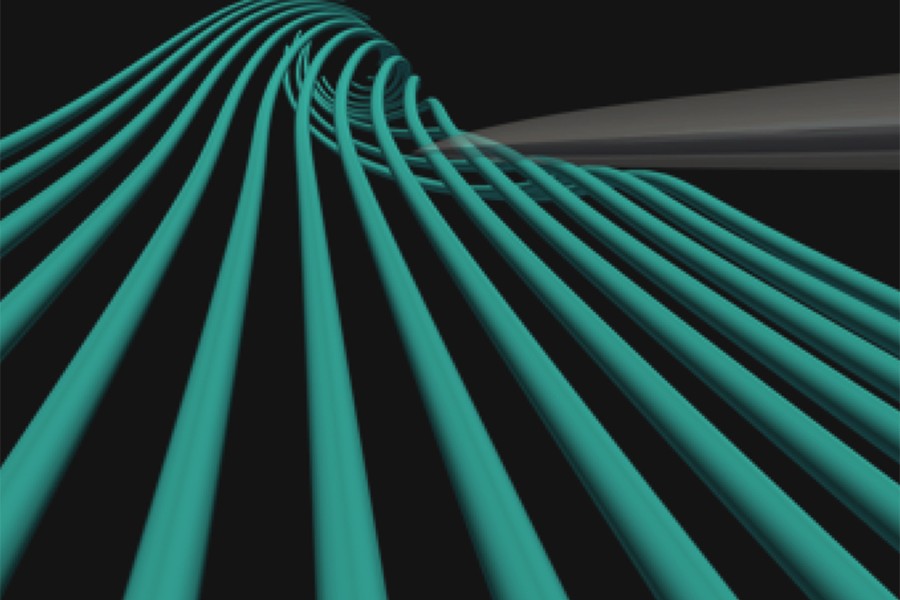 teal computerized tubes stretch and turn on a black screen