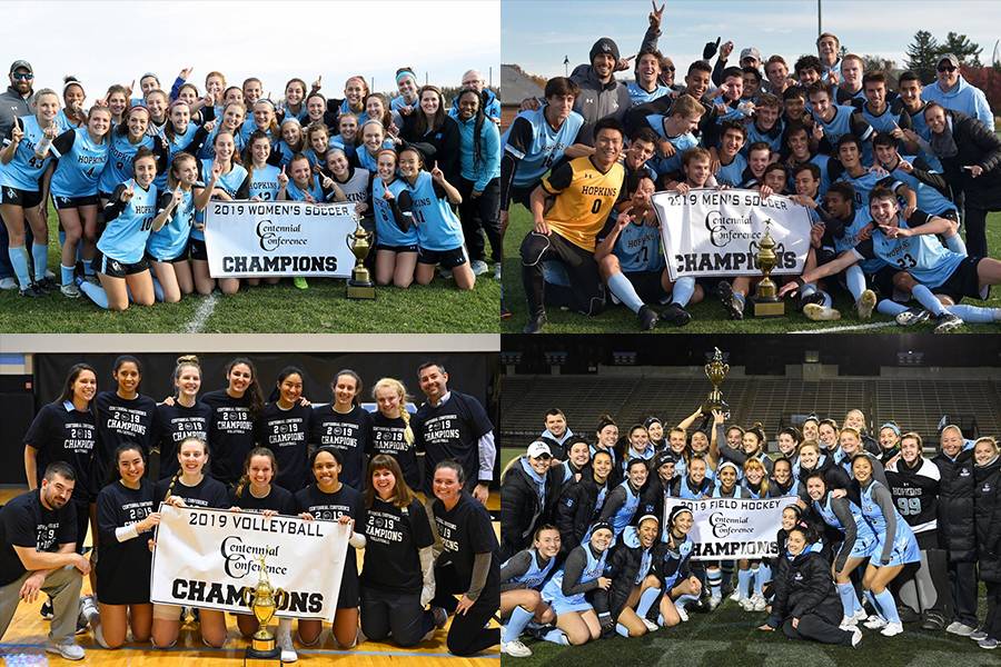 Team photos for Johns Hopkins field hockey, volleyball, and mens and women's soccer