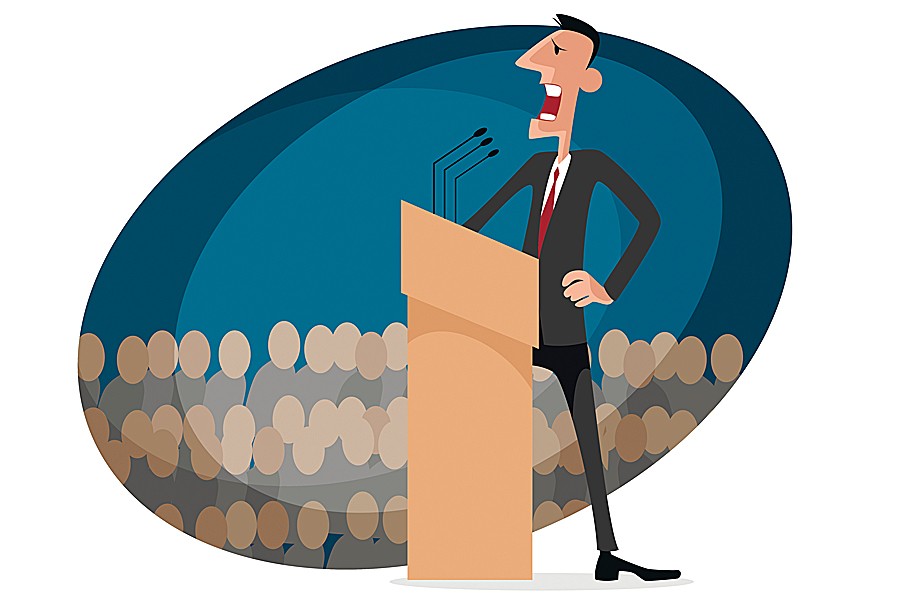 Whimsical illustration of a businessman speaking at a podium