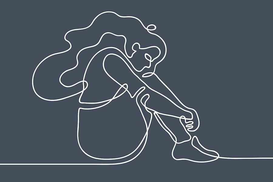 Continuous line drawing on gloomy gray background of depressed young woman sitting on floor. Drawing appears to be a string that can unravel.