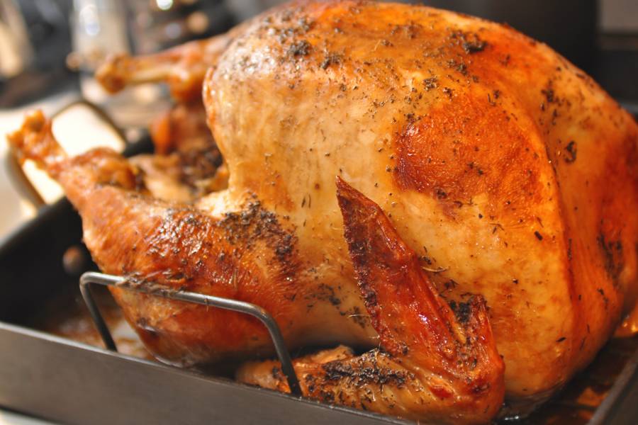 Cooked turkey in a roasting pan
