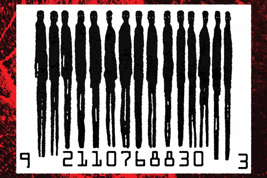 Abstract illustration in which a barcode's lines are made up of human silhouettes