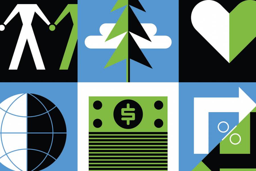 Graphic of dollar bills, hearts, trees, and people