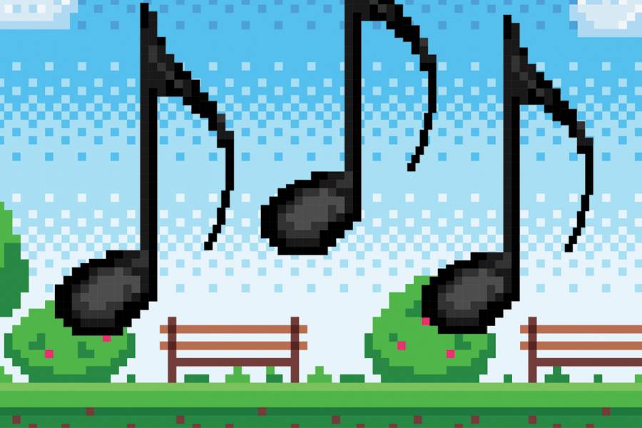 Pixelated music notes on a video game background