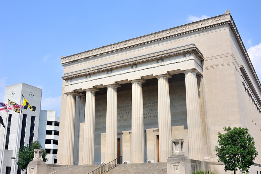 Six-column facade of Baltimore's War Memorial