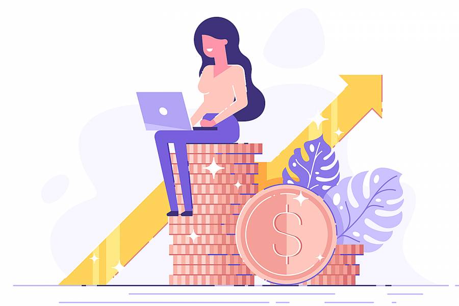 Illustration of woman with a computer sitting on a stack of coins with an arrow pointing upward