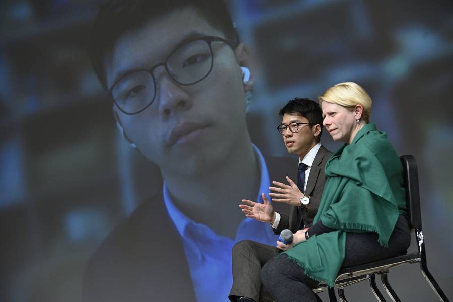 Joshua Wong and Nathan Law speak with Giovanna Maria Dora Dore, professor of East Asian studies at Foreign Affairs Symposium