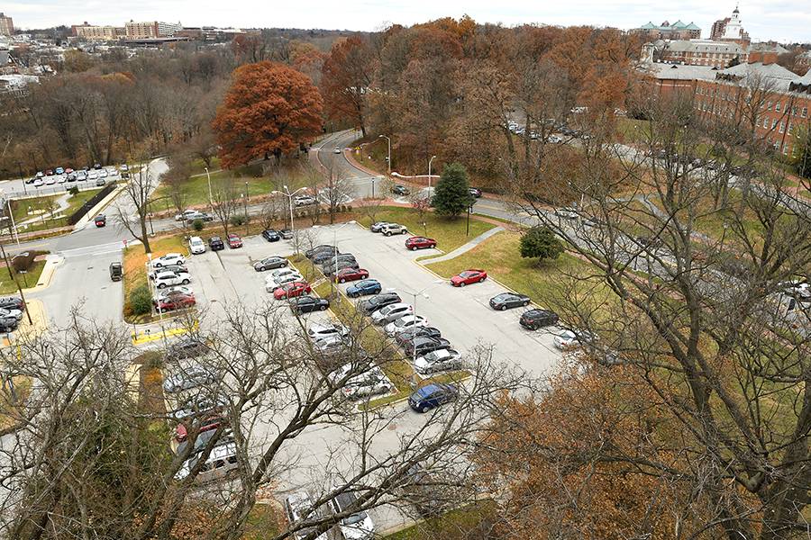 Elevated view of campus parking lot