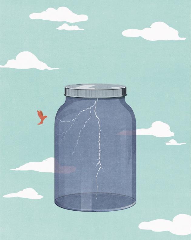 An illustration of an empty jar with a crack in it suspended upon a background of clouds with a bird flying nearby