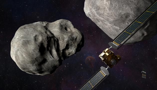 An illustration of a spacecraft flying into an asteroid