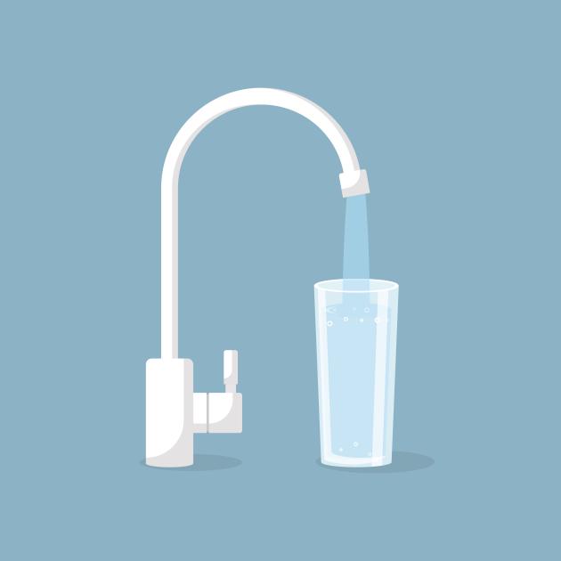 An illustration of a faucet filling a glass with water