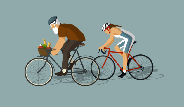 An illustration of two people biking