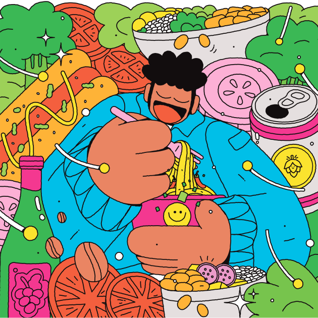 A colorful illustration depicts a person eating a bowl of noodles. Behind them is a collage of foods and drinks, including beer, a hot dog, tomatoes, broccoli, and wine