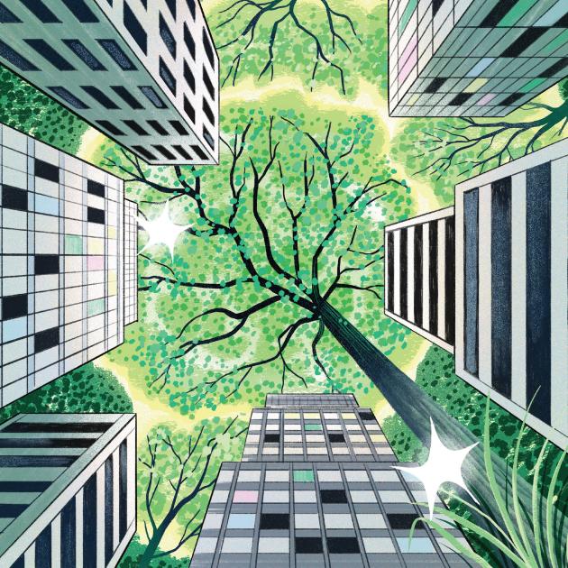 Illustration depicts looking up at skyscrapers with trees towering overhead