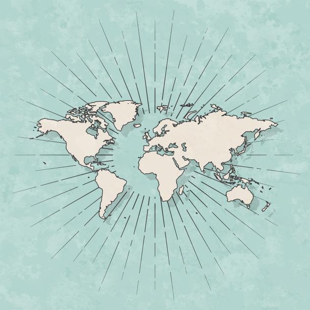 Map of World in a trendy vintage style. Beautiful retro illustration with old textured paper and light rays in the background