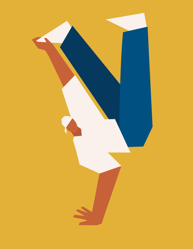 A minimalist drawing of a breakdancer balancing on one arm.
