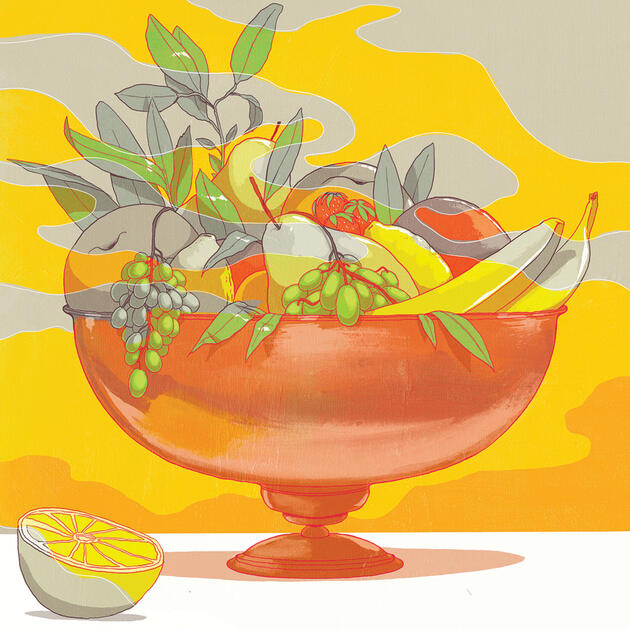 A still life painting of a bowl of fruit, except the colors are distorted