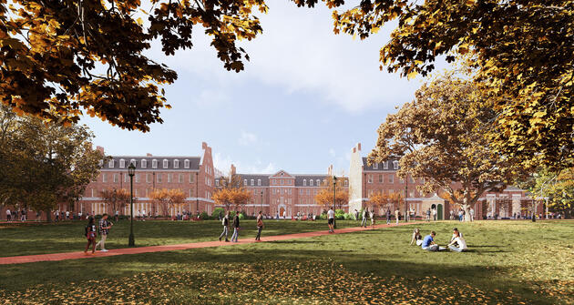 Rendering of a tree-lined campus quad with brick academic buildings