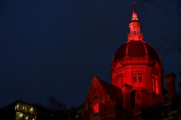 Johns Hopkins Hospital dome lit in red