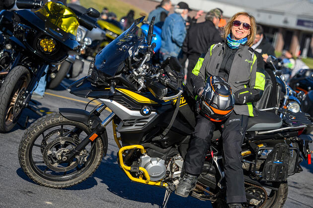 Jocelyne DiRuggiero on her BMW 750 GS—the motorcycle of her dreams—at a recent Bikes & Breakfast meetup in Eldersburg, Maryland.
