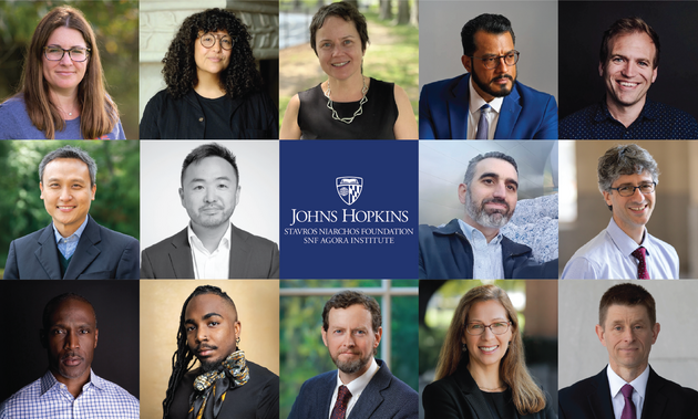 The incoming SNF Agora Institute Visiting Fellows are (top row, from left) Amy B. Becker, Rosy Sunshine Galvan, Masha Lisitsyna, Felix Maradiaga, Rev. Johnnie Moore, (second row, from left) Reuben Ng, David Park, Gabriel Rossman, Daniel Sabet, (bottom row, from left) Eugene Scott, Nigel Semaj, Benjamin Storey, Jenna Silber Storey, and Jon Temin.