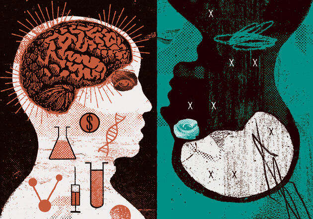 An illustration giving a glimpse inside two heads. One, along with a brain, has dollar signs, test tubes, syringes, and DNA strands. The other, which is upside down, just has X's and a cavity where the brains should be.