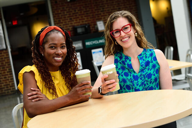 Coffee With Colleagues participants Charlee Dulaney and Julie Kuhn Sanchez meet for the first time at this photo shoot