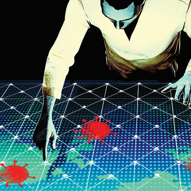 Illustration of a person reaching for a digital map on a table with COVID-19 cells in red printed on it