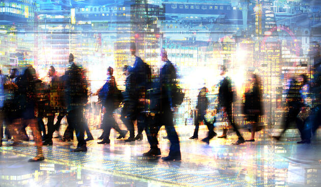 Lots of walking business people. Multiple exposure image. 