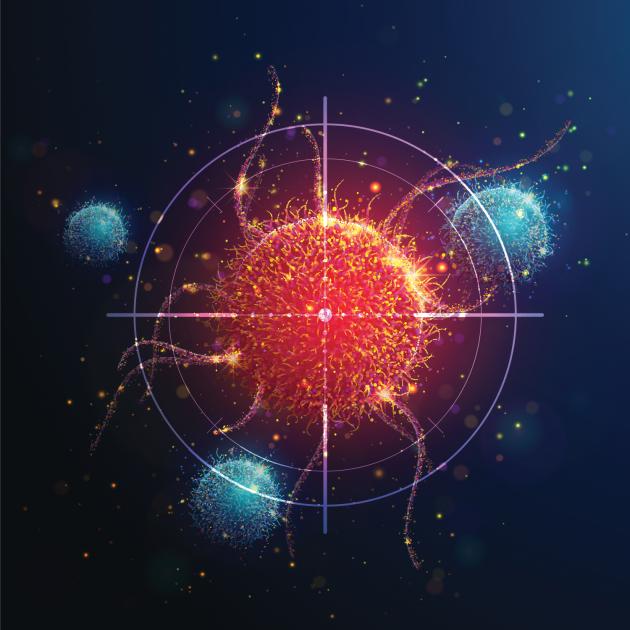 Abstract vertical illustration of targeting cancer cell made of glowing neon particles