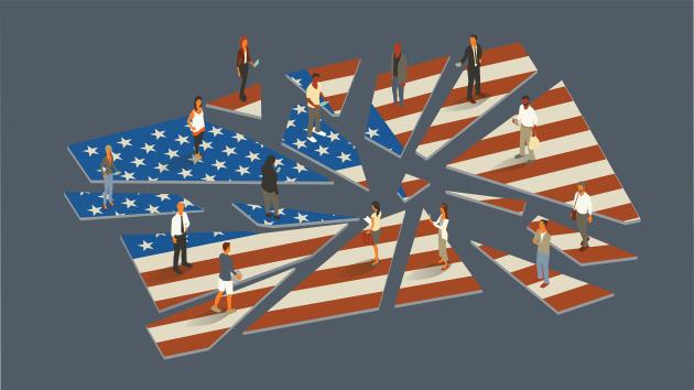 14 contemporary people stand on the pieces of a shattered United States flag, with some of them using mobile devices, in this conceptual illustration representing challenges faced by the country