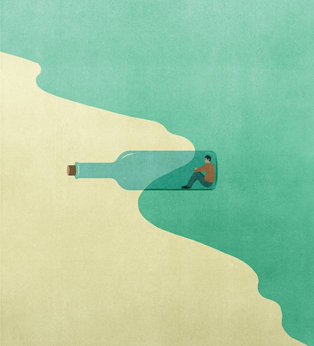 Illustration by Alessandro Gottardo features a man in a glass bottle between the ocean and the sand
