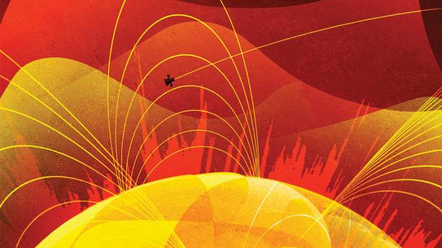 Illustration of the solar probe flying through the sun's atmosphere