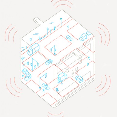 illustration shows a white cube with street intersections inside it
