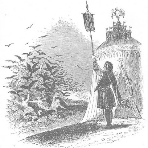 Black and white etching depicts a squire outside of a tent holding a banner as a flock of crows takes flight